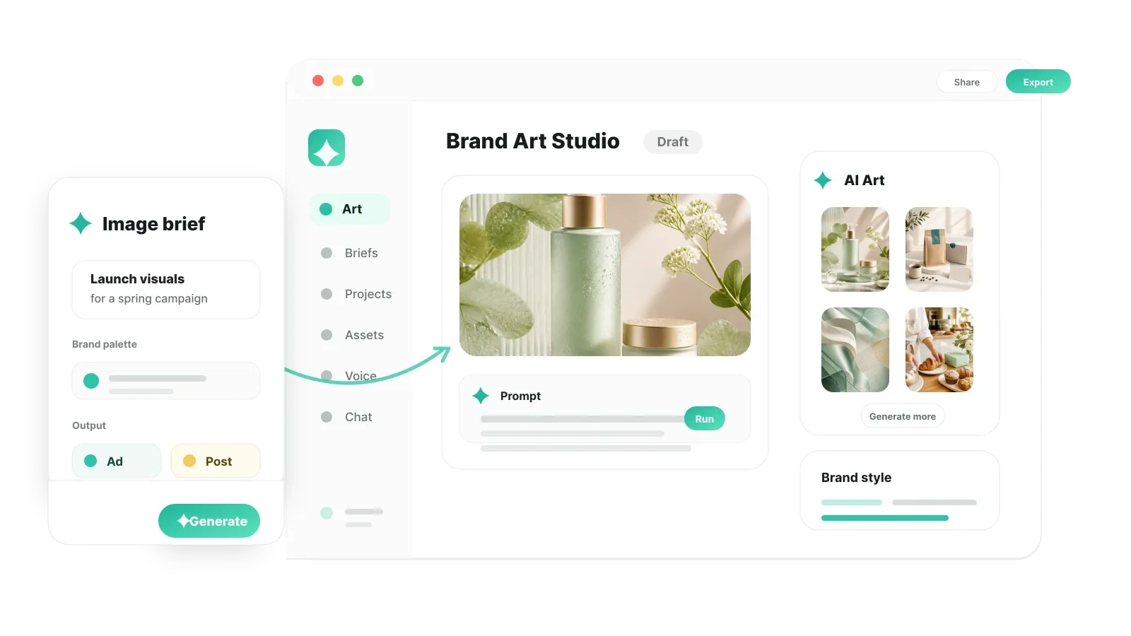 Jounce Art studio interface turning an image brief into polished on-brand campaign visuals.