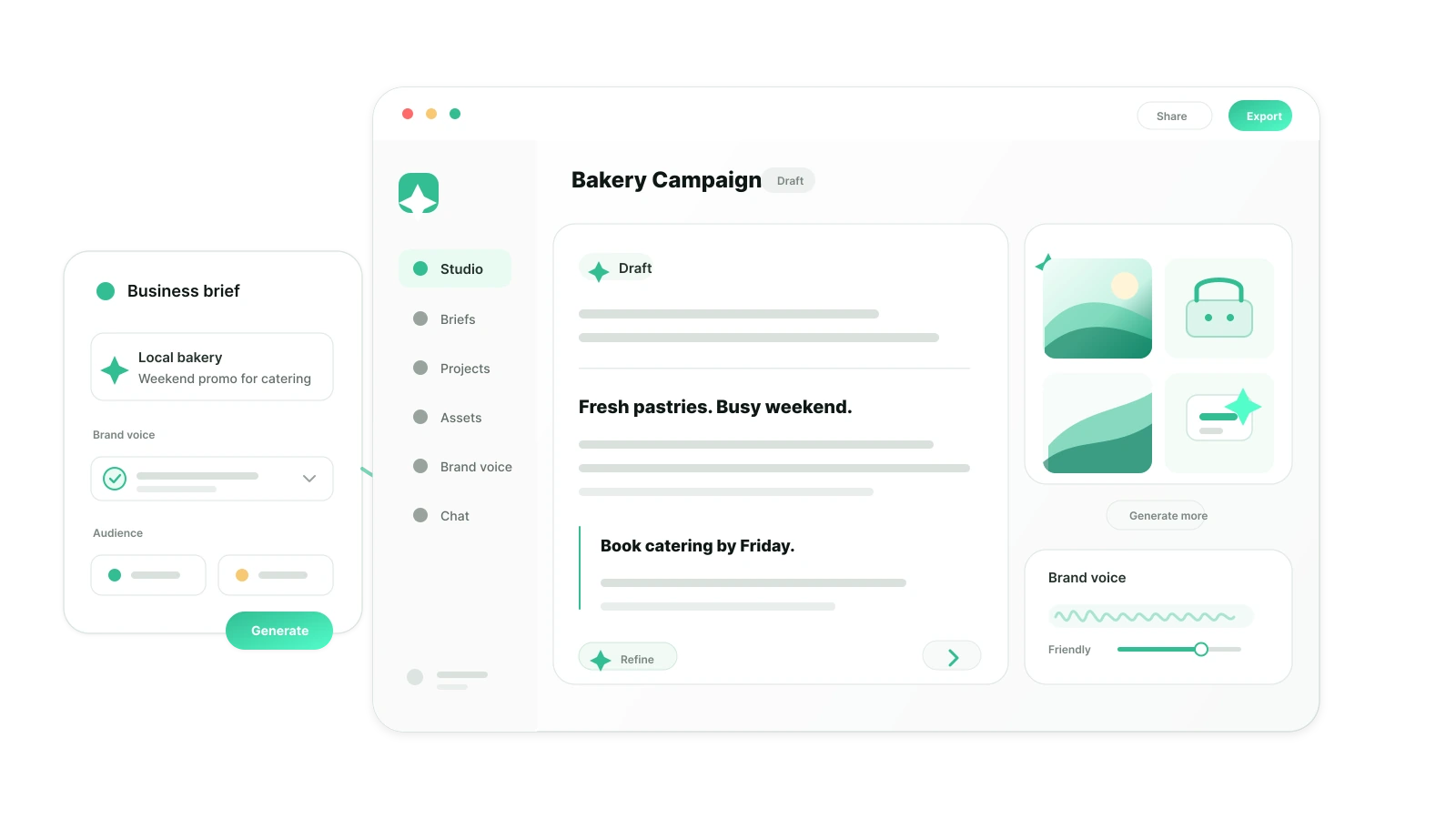 Jounce studio turning a small business profile into finished posts, emails, ads, and matching images.