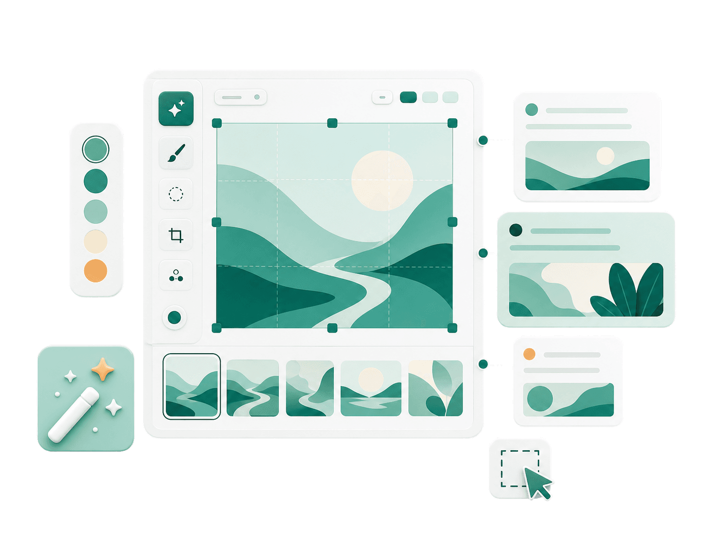 Creative image-generation canvas with palette controls and visual variants