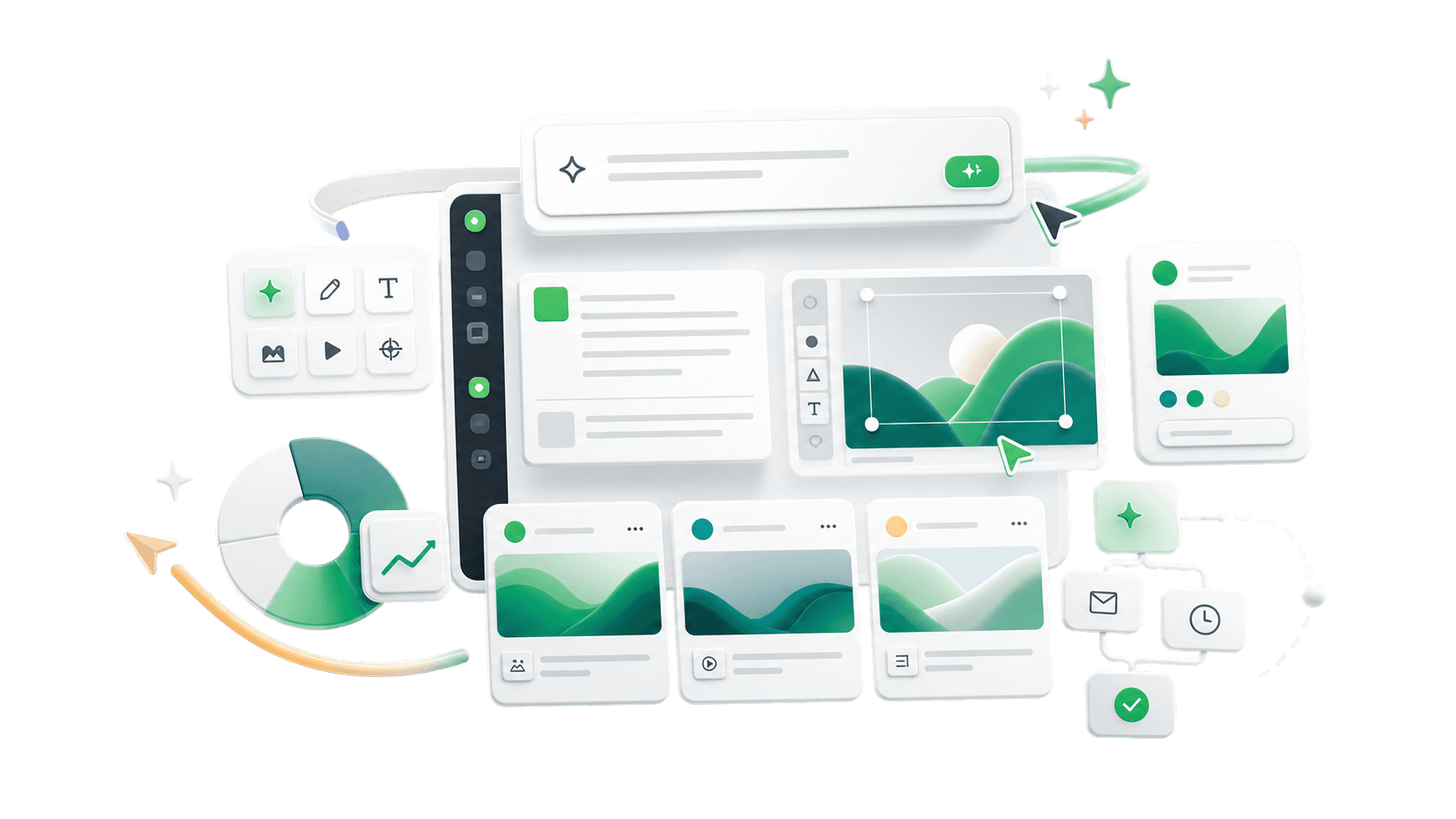 Floating Jounce campaign studio interface with copy, image, and automation panels