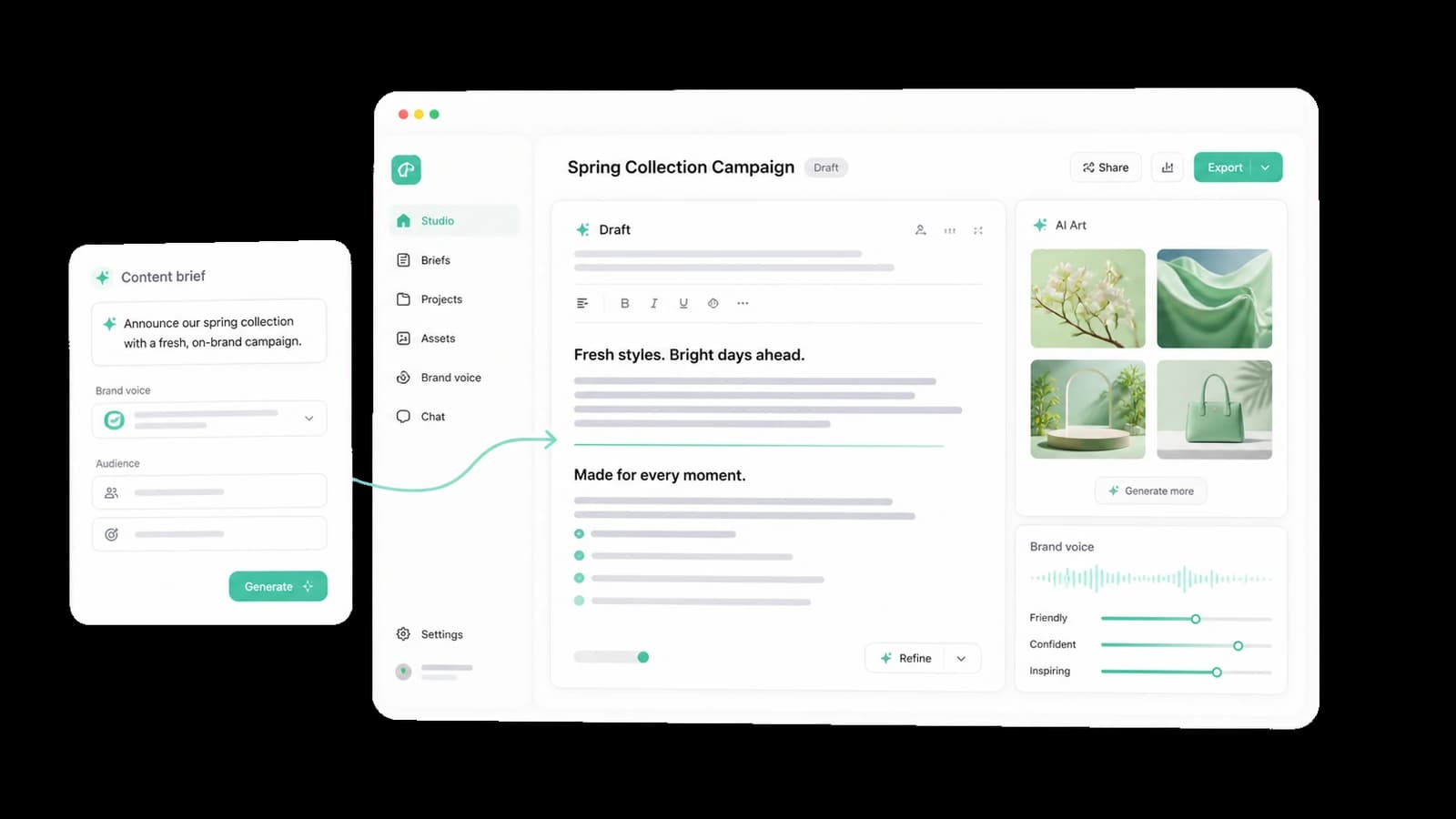 Jounce studio product interface turning a content brief into an on-brand draft with matching AI artwork.